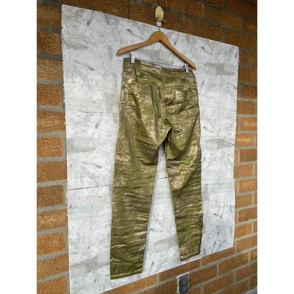 ALEMBIKA Green Gold Foil Cargo Pants | Size 2 | US 10 Designer Boho Luxe Punk - Picture 9 of 12